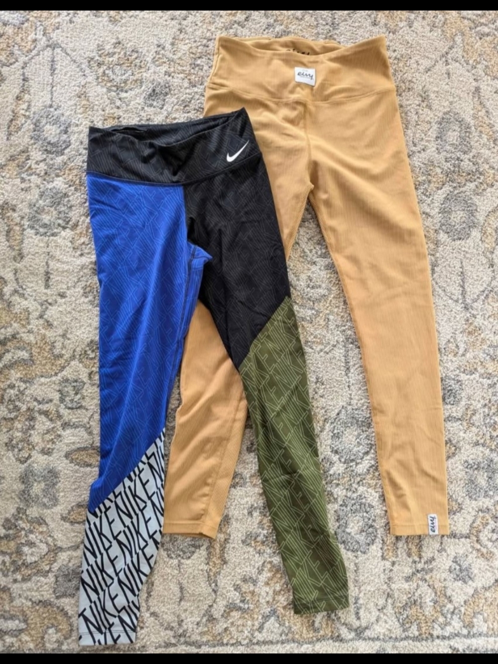 Nike Women's Colorblock Leggings - Blue/Black/Olive + Eivy Ribbed Tights - Gold